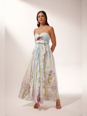 NWT Sunfere Octavia Printed Cut-Out Ruffle Maxi Dress Size Large Strapless Flora